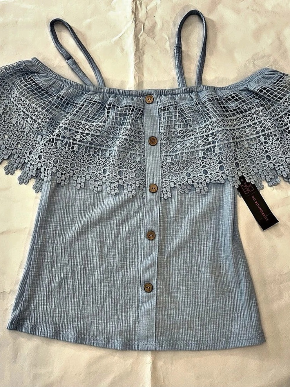 No Boundaries Top Women’s XS Blue Off-Shoulder Lace Button Front